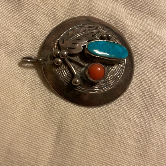 Vintage Navajo Roy Vandever Turquoise Coral Sterling Silver Pendant - Picture 4 of 8